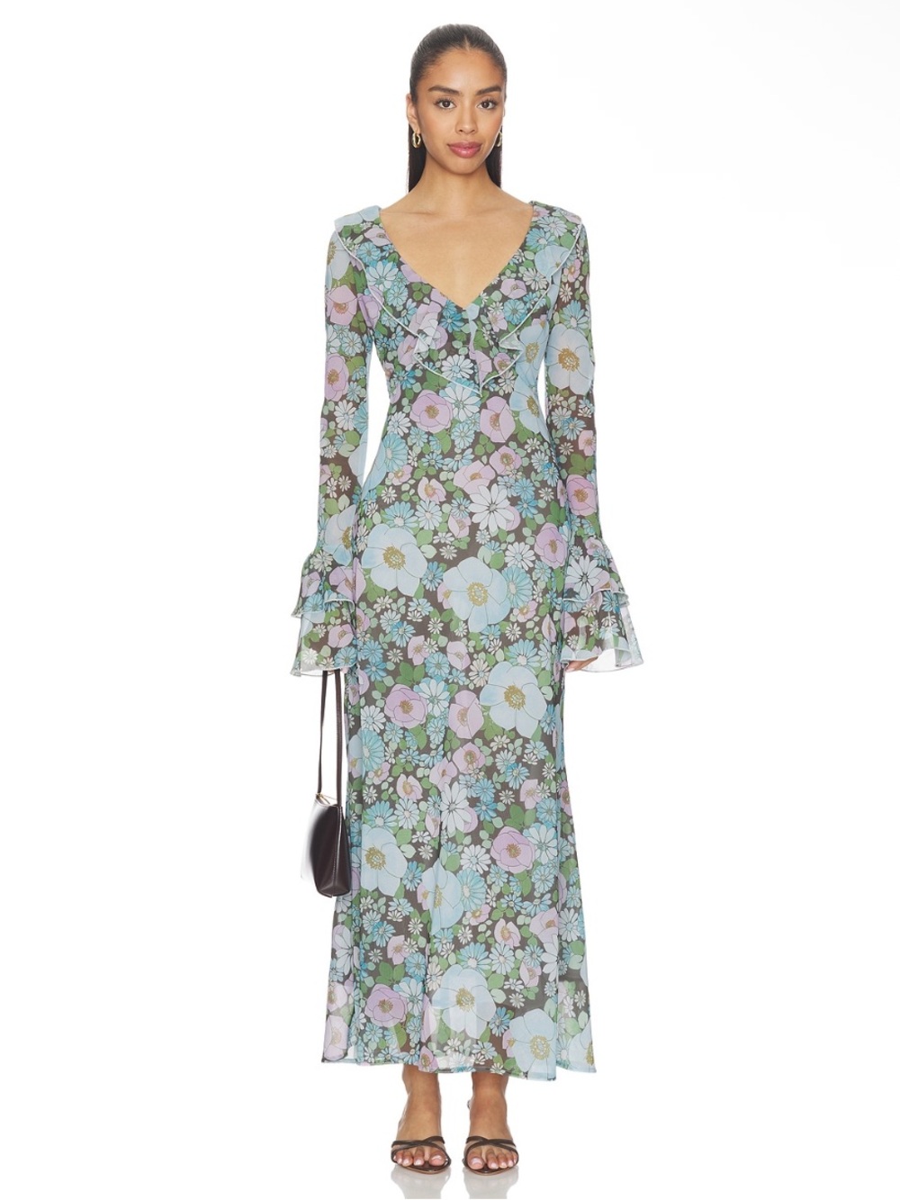 Sister New York Shellona Maxi Ruffle Bell Sleeve Dress in Vintage Floral Medium - Picture 1 of 16